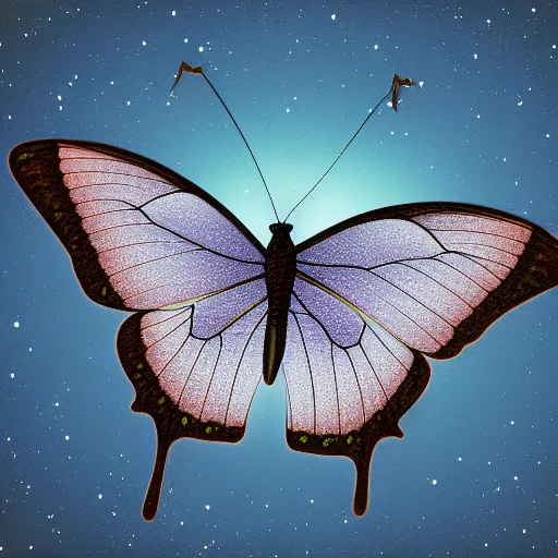 drawing of a multi-colored butterfly on a blue starry sky.