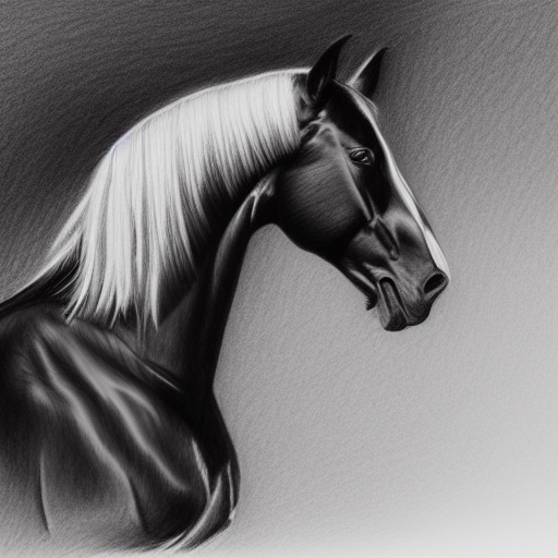 a black horse with a white mane in greyscale.