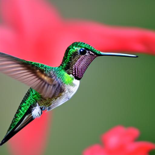a hummingbird in flight in front of a red flower.