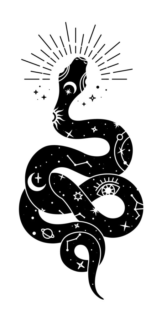 a black and white illustration of a black snake covered with stars and moons.
