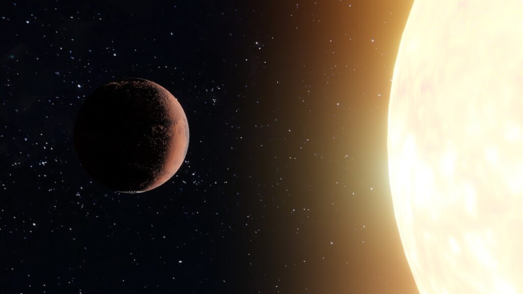 a small planet in space near a massive sun.