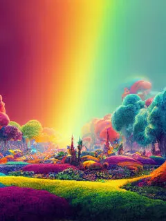 a fantasy landscape with grass and trees all colors of the rainbow.