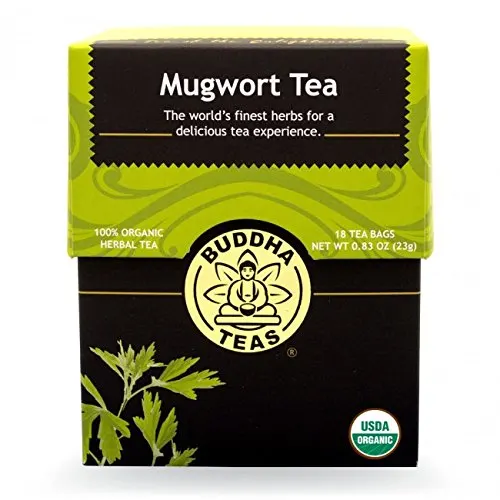 a black and green box of Mugwort Tea with a buddha logo.
