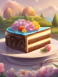 A slice of cake garnished with colorful flowers and fruits with the view of the ocean as background.