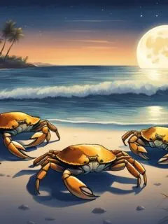 Three crabs on the shore. The sea and the moon as the background.
