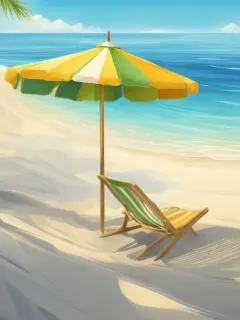 Empty beach umbrella and chair on the beach.